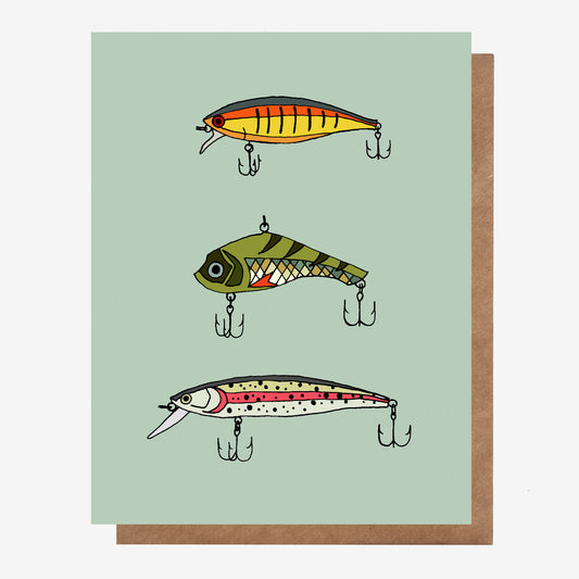 Mixed-media fishing lures card for all occasions, perfect for anglers and fishing enthusiasts! Made in Nova Scotia, Canada by Coastal Card Co.