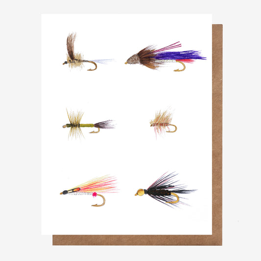 Hand-drawn fly fishing greeting card made in Nova Scotia, Canada by Coastal Card Co. Featuring drawings of 6 popular flies used for fly fishing.
