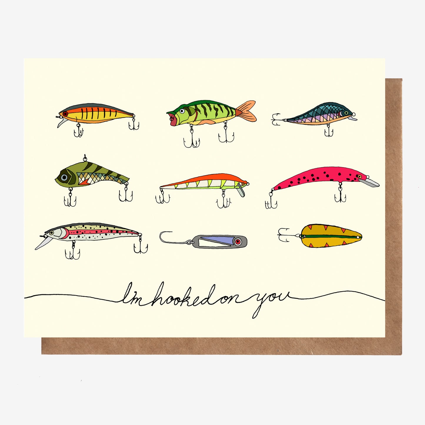 "I'm Hooked on You" fishing lures greeting card, made in Nova Scotia, Canada by Coastal Card Co.