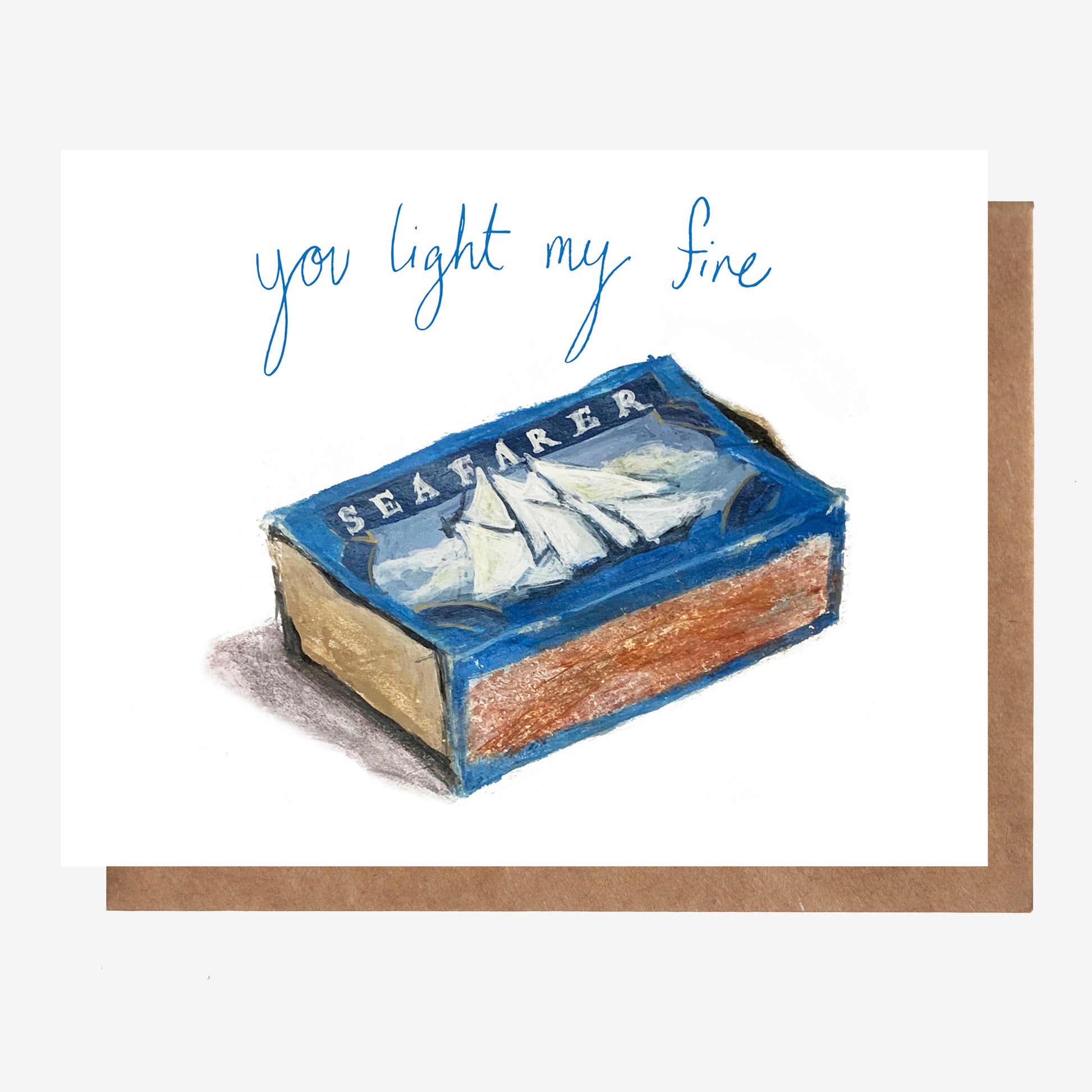 You light my fire! Hand-drawn love and friendship card featuring a box of Seafarer matches, made in Nova Scotia, Canada by Coastal Card Co.
