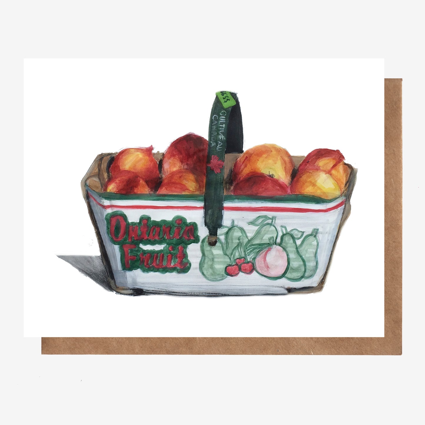 This best-selling all occasion card features a hand-drawn image of a box of juicy Ontario peaches. Made in Nova Scotia, Canada by Coastal Card Co.